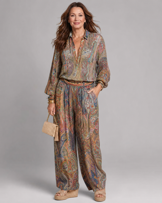 Virezza | Elegant Paisley Print Blouse and Wide-Leg Trouser Ensemble