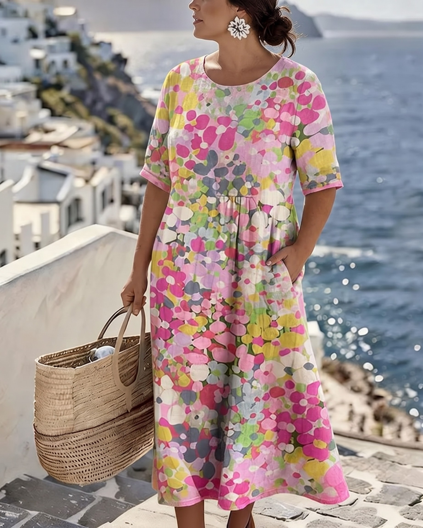 Elena™ - Elegant Midi Dress with Summer Flowers
