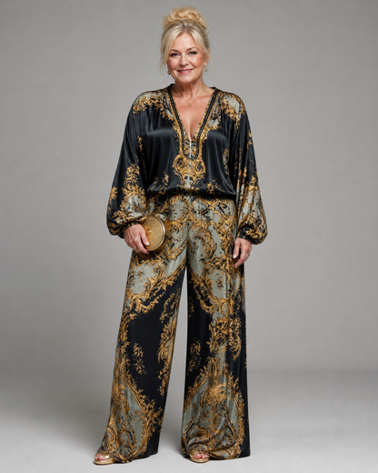 Valoria | Baroque Print Blouse with Matching Wide Leg Trousers Set