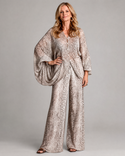 Esmoria | Snake Print Draped Blouse with Matching Wide Leg Trousers Set