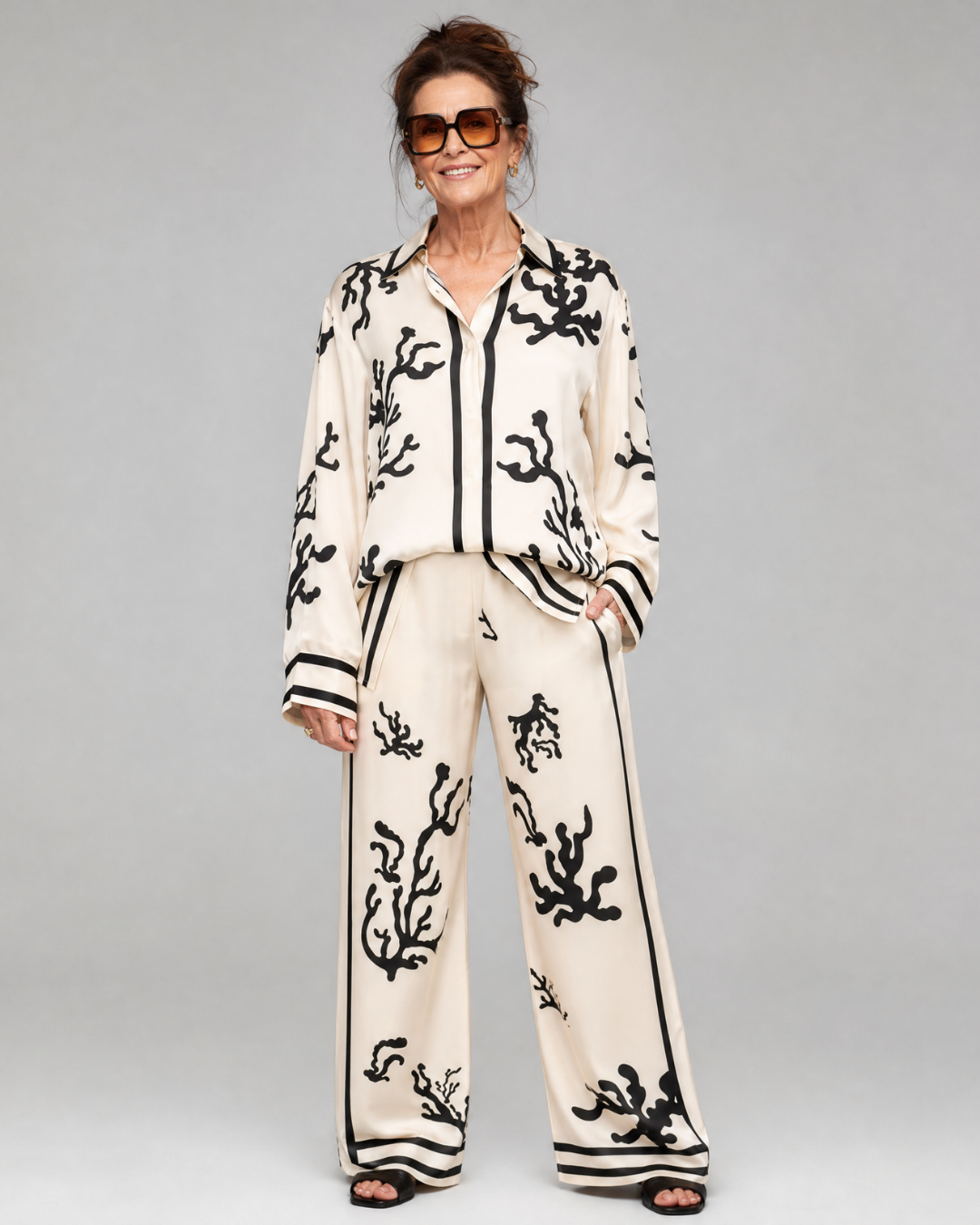 Omeni | Abstract Coastal Print Top and Wide-Leg Trousers Ensemble