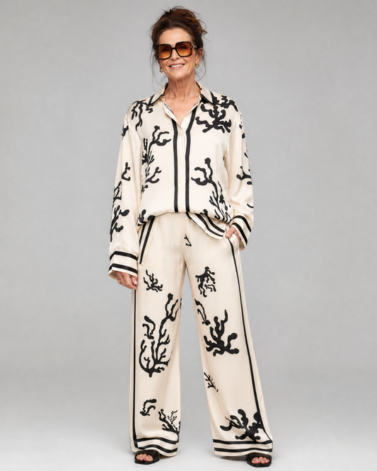Omeni | Abstract Coastal Print Top and Wide-Leg Trousers Ensemble