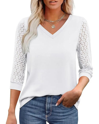 Doreen - Lace-Sleeve Casual V-Neck Blouse