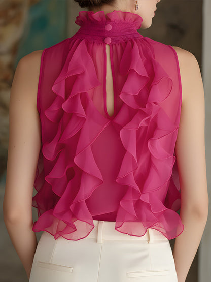 Ruffled High-Neck Sleeveless Chiffon Blouse