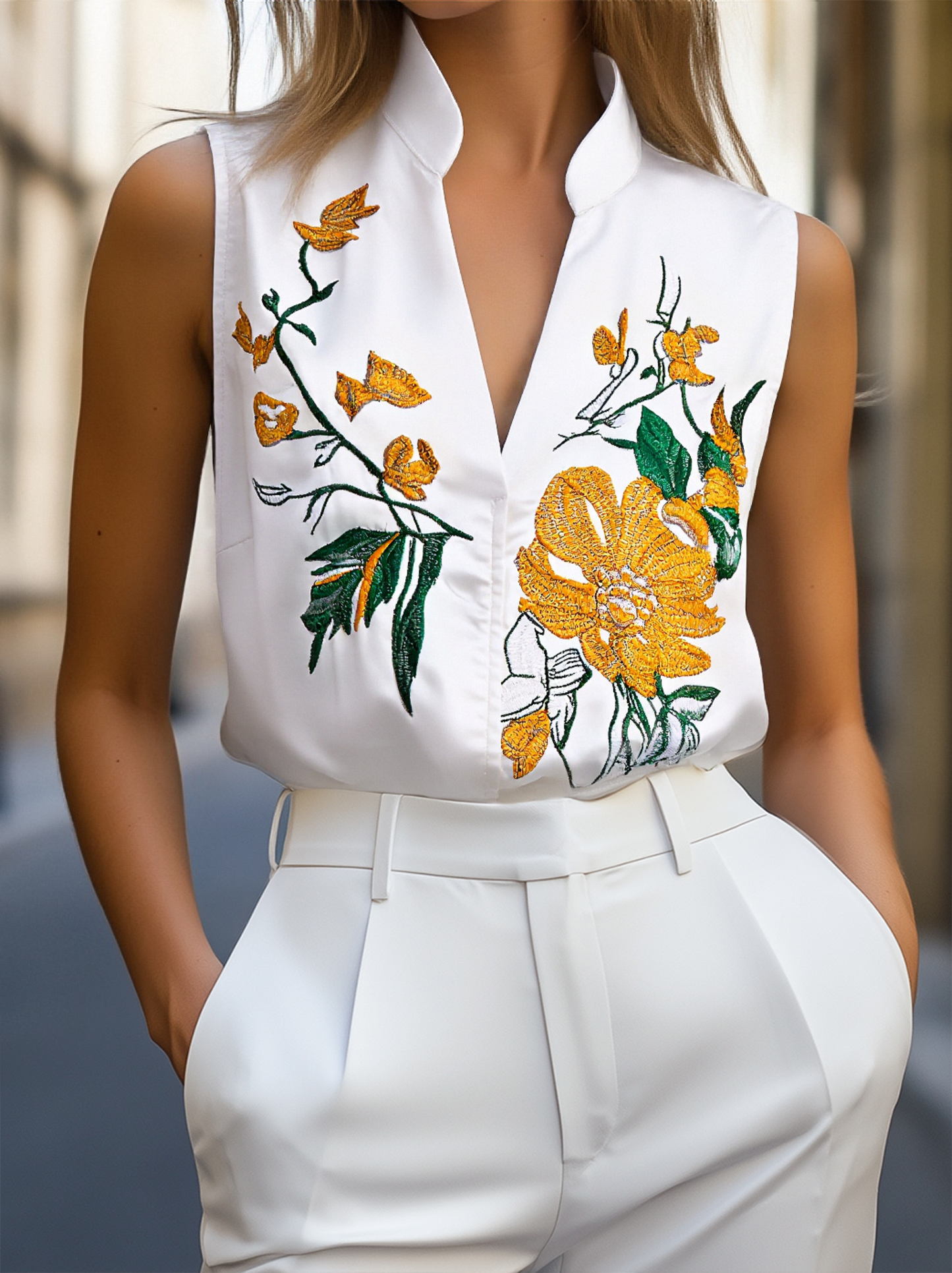 Sleeveless Blouse with Yellow Floral Embroidery