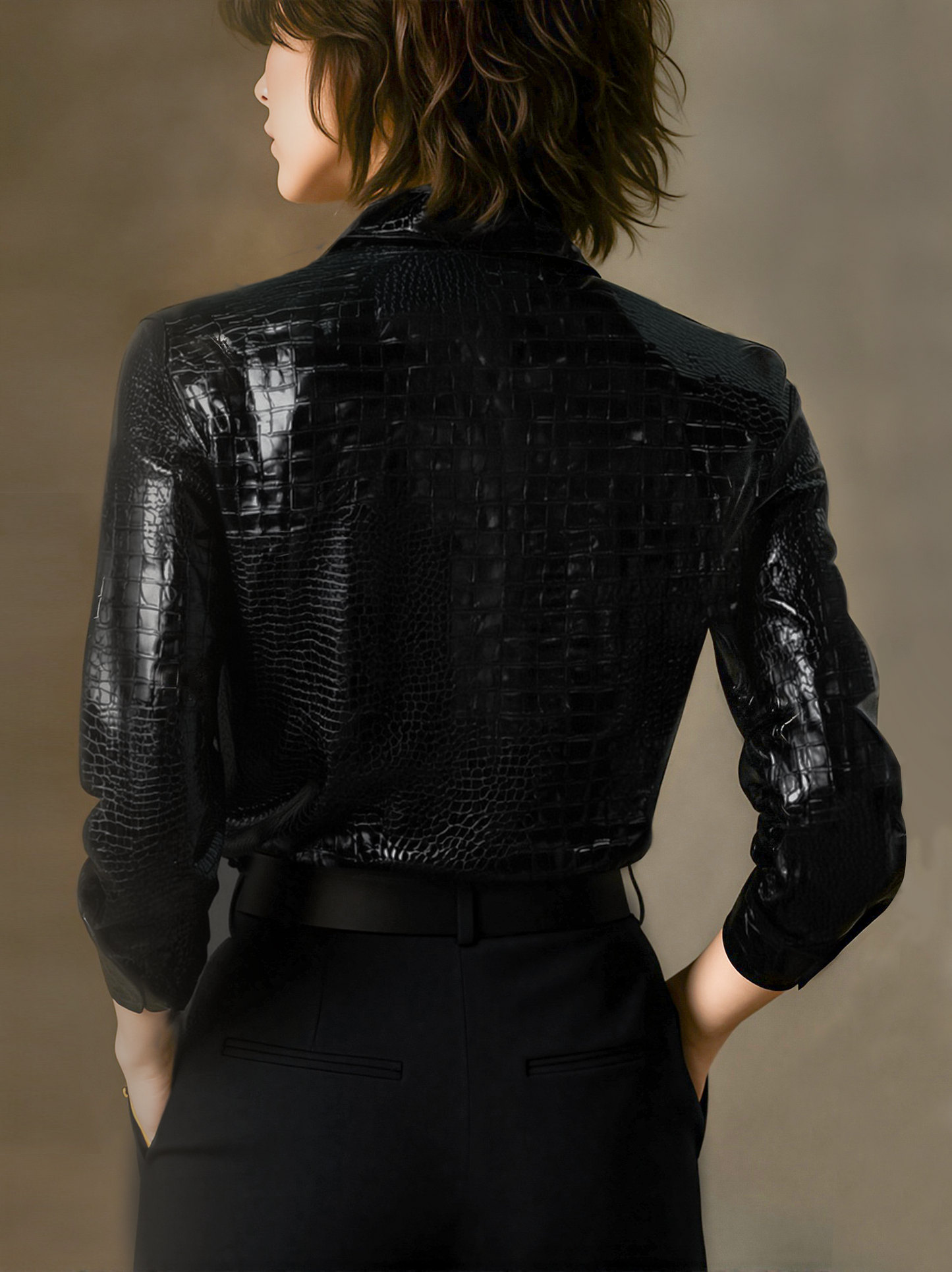 Glossy Black Crocodile Embossed Shirt