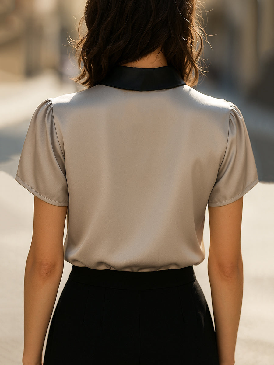Contrast Collar Satin Keyhole Blouse