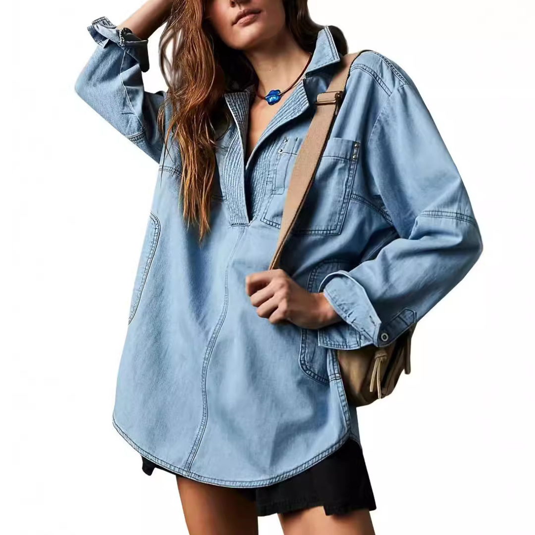 Emilia | Stylish V-Neck Denim Tunic Blouse