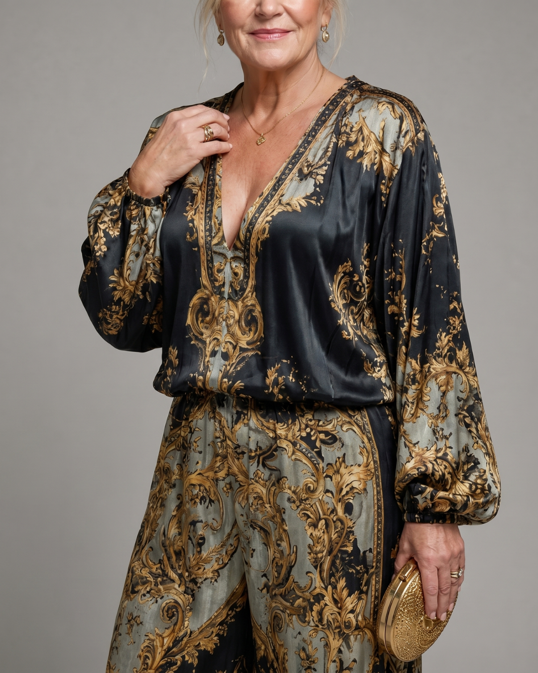 Valoria | Baroque Print Blouse with Matching Wide Leg Trousers Set