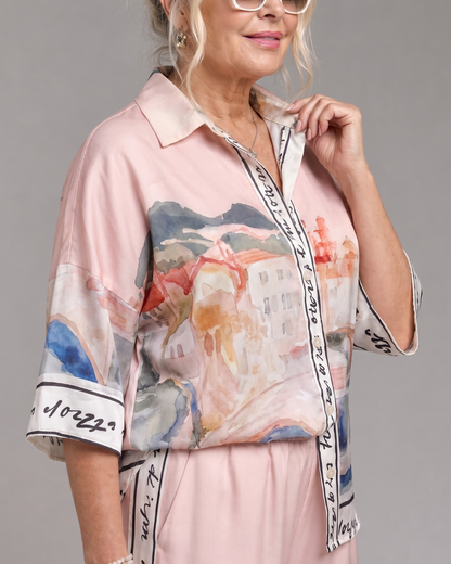 Akela | Scenic Print Button-Up Shirt and Wide-Leg Trouser Set