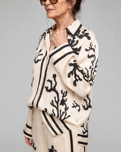 Omeni | Abstract Coastal Print Top and Wide-Leg Trousers Ensemble