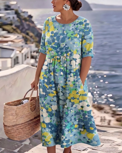 Elena™ - Elegant Midi Dress with Summer Flowers