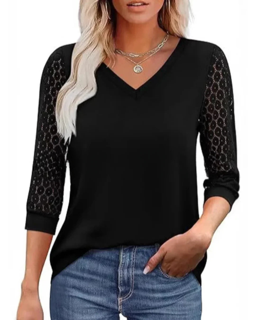 Doreen - Lace-Sleeve Casual V-Neck Blouse