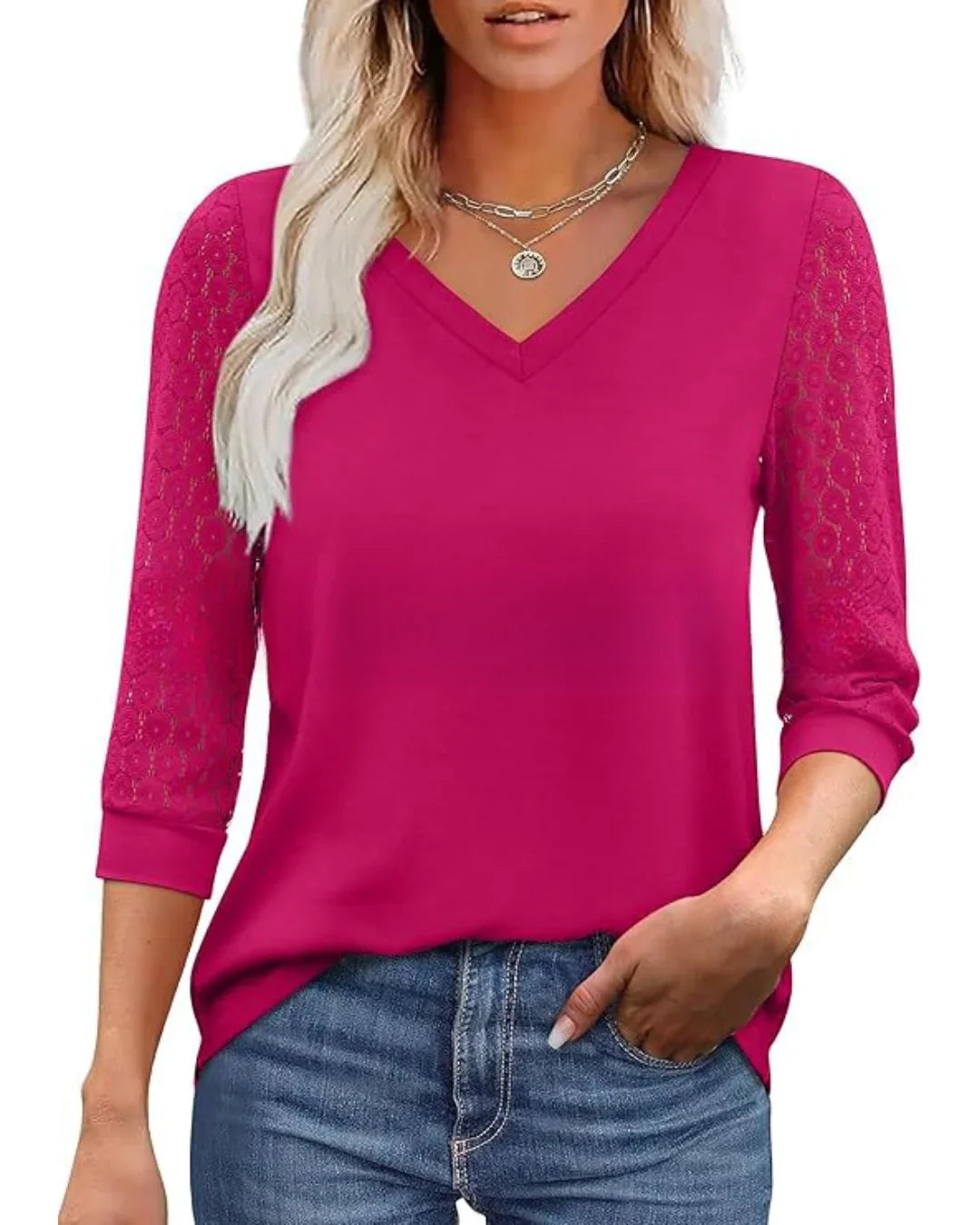 Doreen - Lace-Sleeve Casual V-Neck Blouse