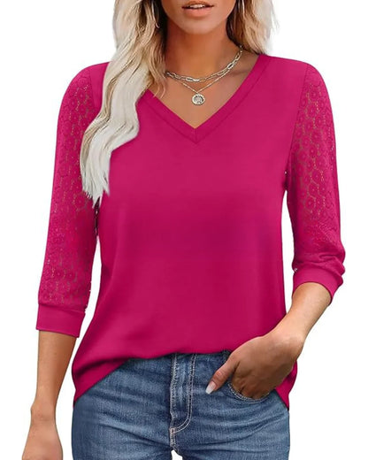 Doreen - Lace-Sleeve Casual V-Neck Blouse
