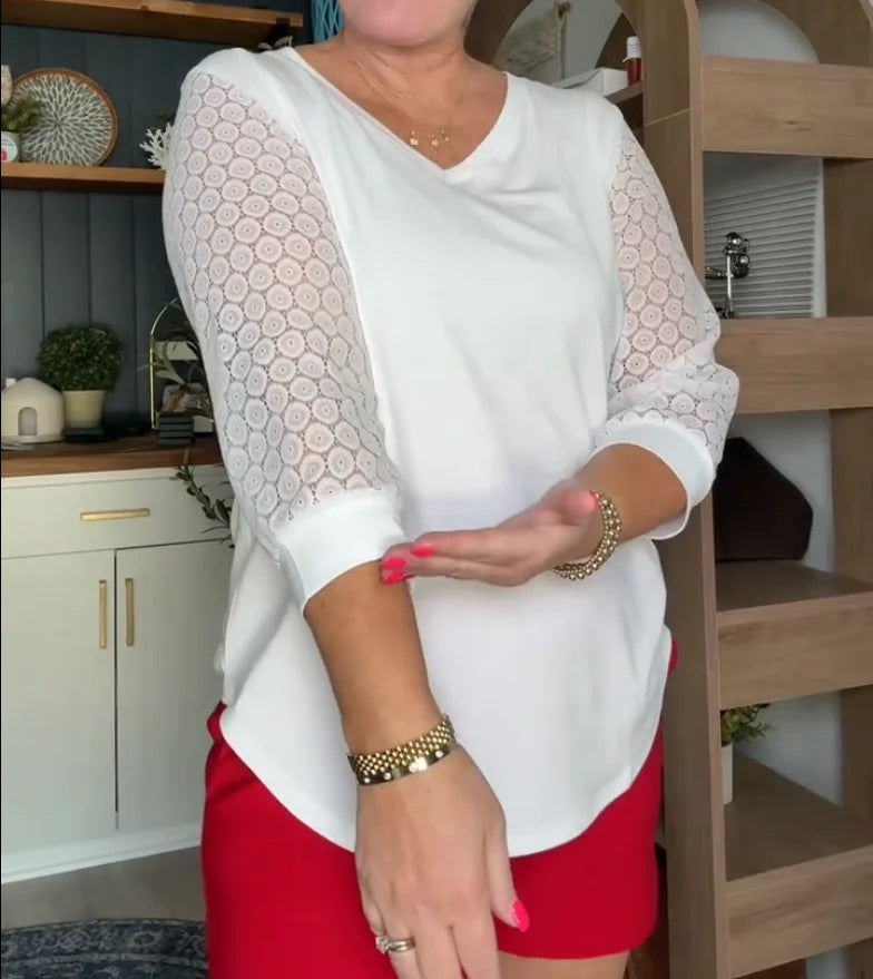 Doreen - Lace-Sleeve Casual V-Neck Blouse