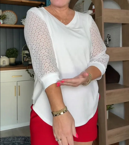 Doreen - Lace-Sleeve Casual V-Neck Blouse