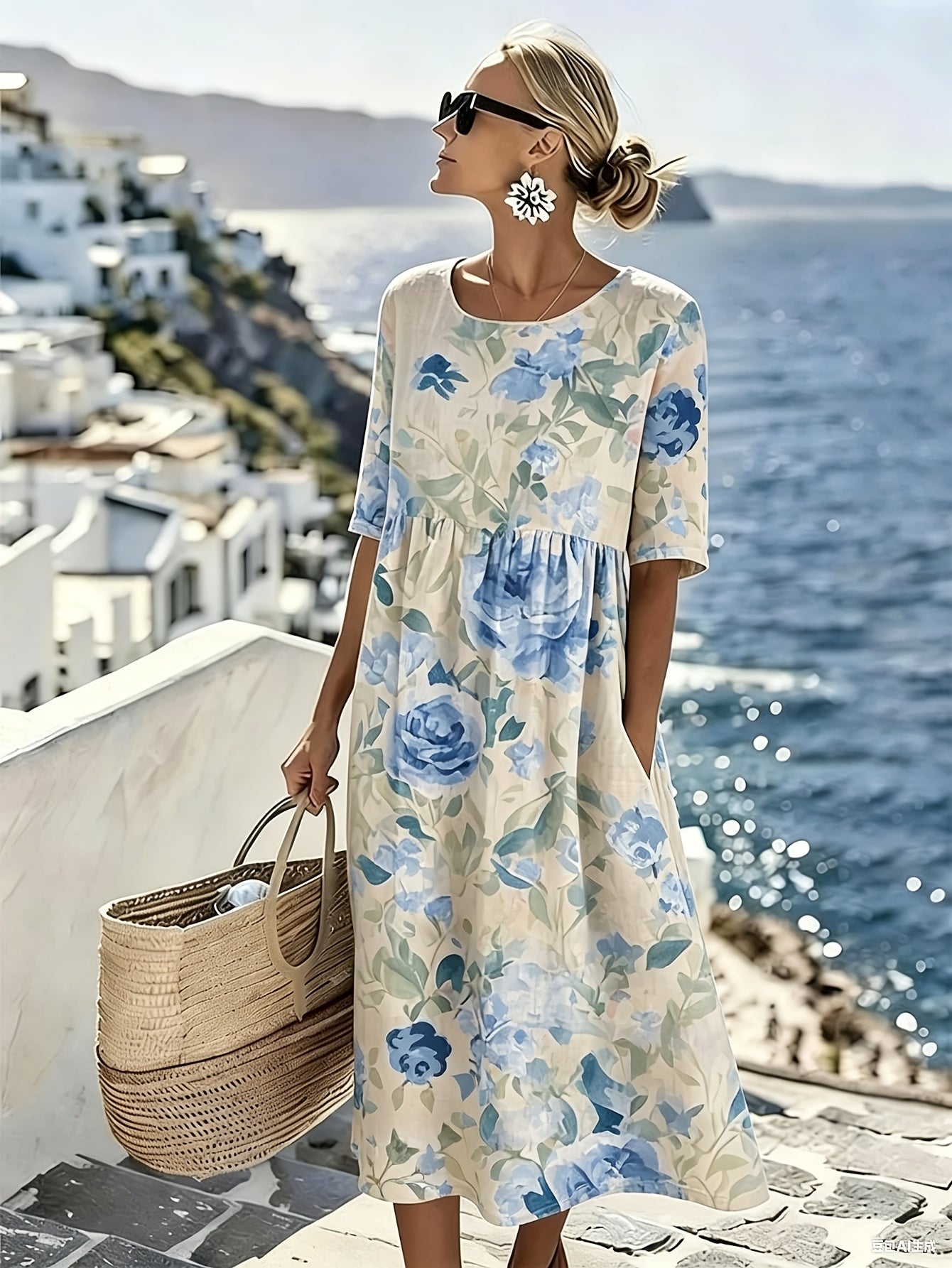 Evie™ - Elegant Midi Dress with Summer Flowers