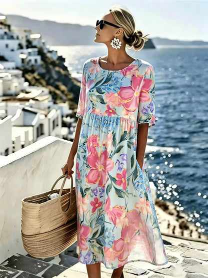 Evie™ - Elegant Midi Dress with Summer Flowers