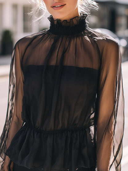 Sheer High Neck Long Sleeve Blouse