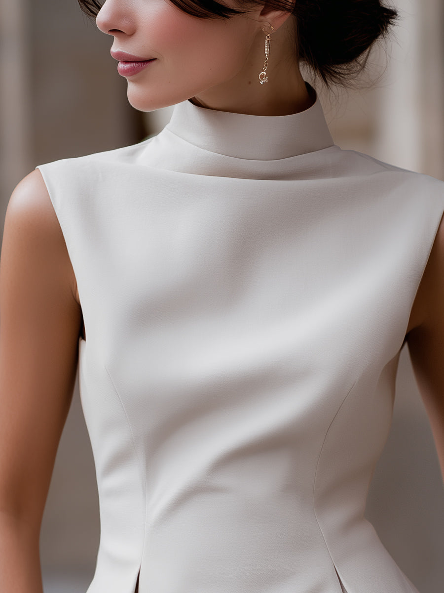 Sleeveless High-Neck Flared Hem Tailored Blouse