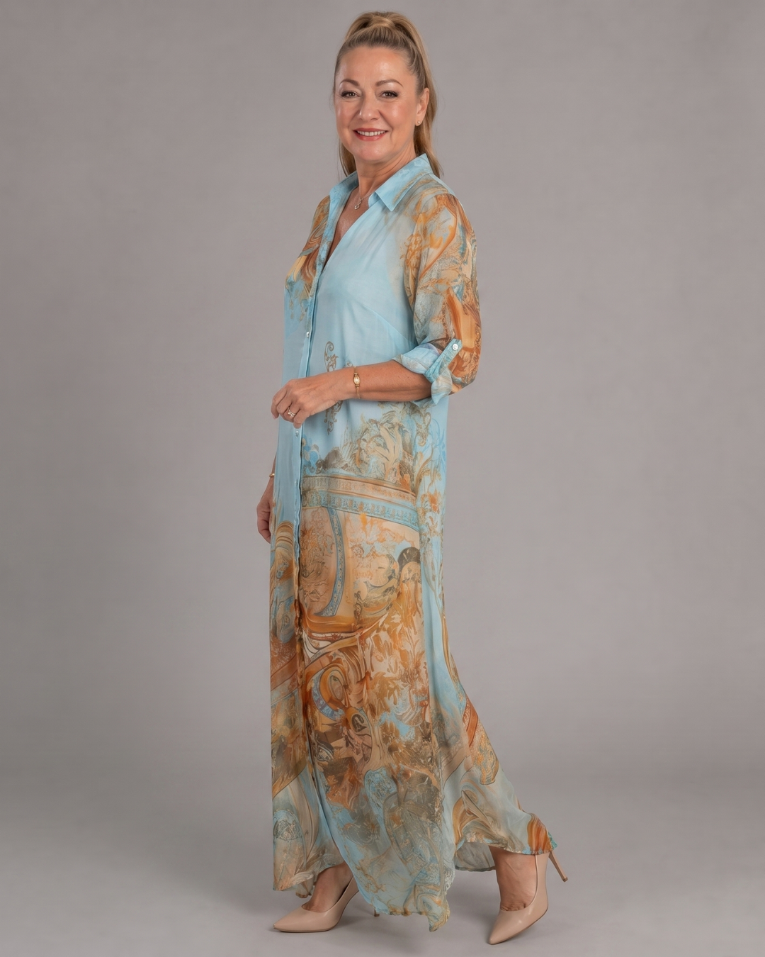 Azmira | Flowing Maxi Dress with Baroque Print and Button Front