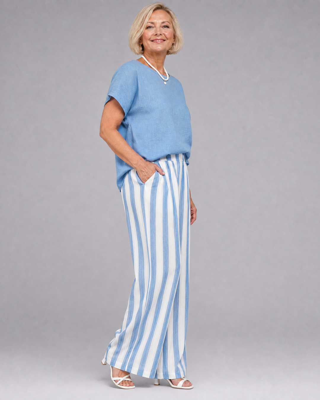Miolna | Linen Blend Top with Striped Wide-Leg Trousers Set