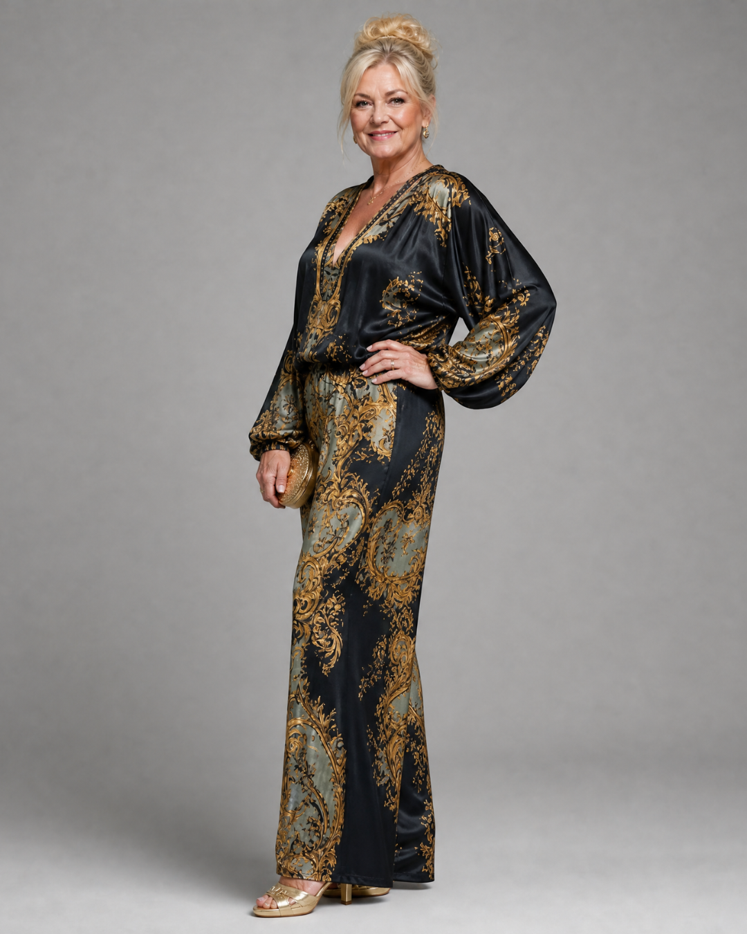 Valoria | Baroque Print Blouse with Matching Wide Leg Trousers Set