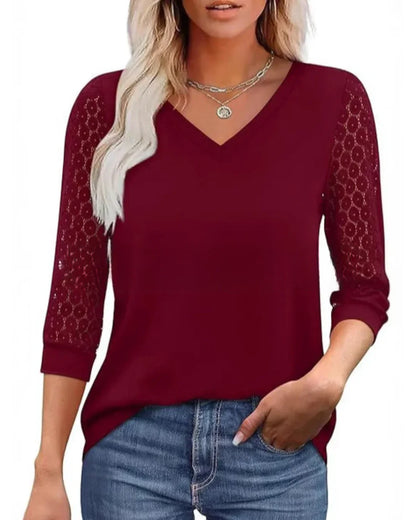 Doreen - Lace-Sleeve Casual V-Neck Blouse