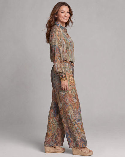 Virezza | Elegant Paisley Print Blouse and Wide-Leg Trouser Ensemble