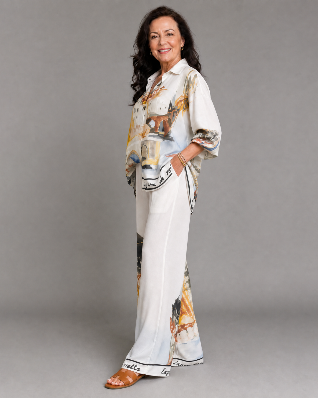 Calyra | Artistic Print Blouse with Wide-Leg Trousers Ensemble