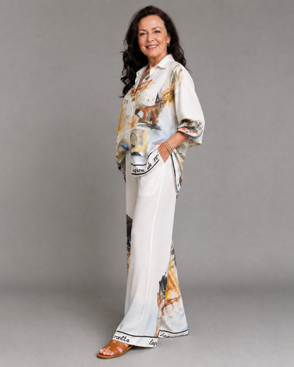 Calyra | Artistic Print Blouse with Wide-Leg Trousers Ensemble