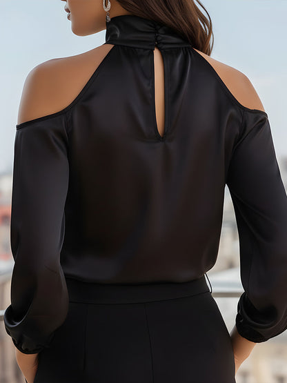 High-Neck Cold-Shoulder Long Sleeve Blouse