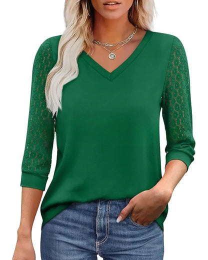 Doreen - Lace-Sleeve Casual V-Neck Blouse