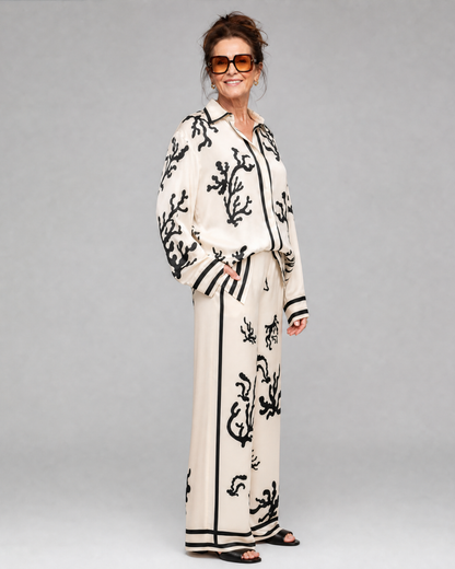 Omeni | Abstract Coastal Print Top and Wide-Leg Trousers Ensemble