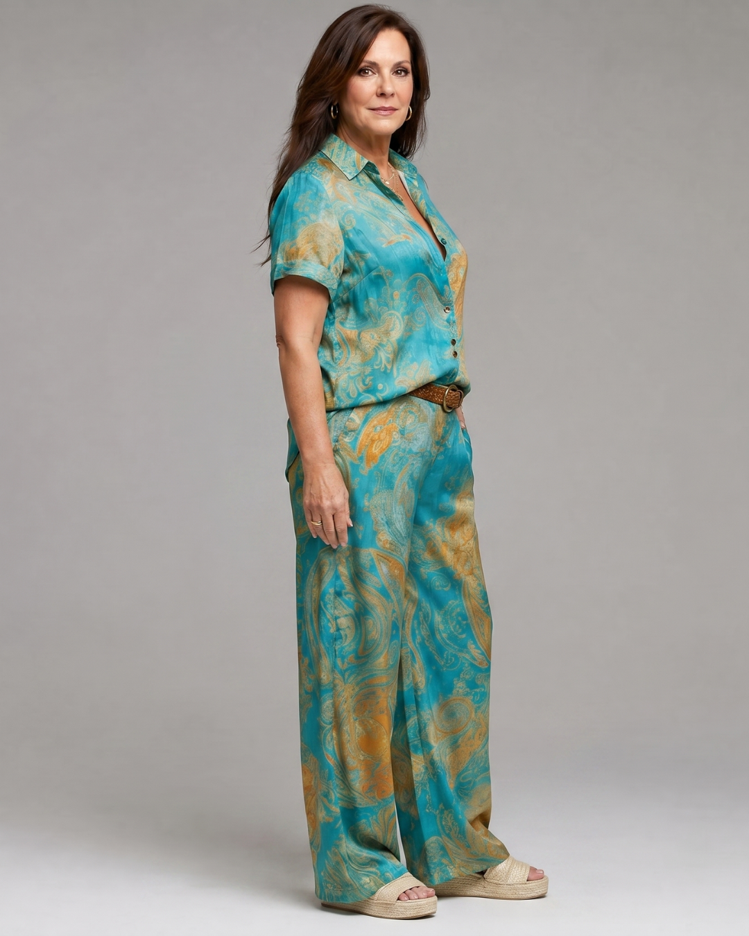 Zafim | Paisley Print Short Sleeve Top with Wide Leg Trousers Set