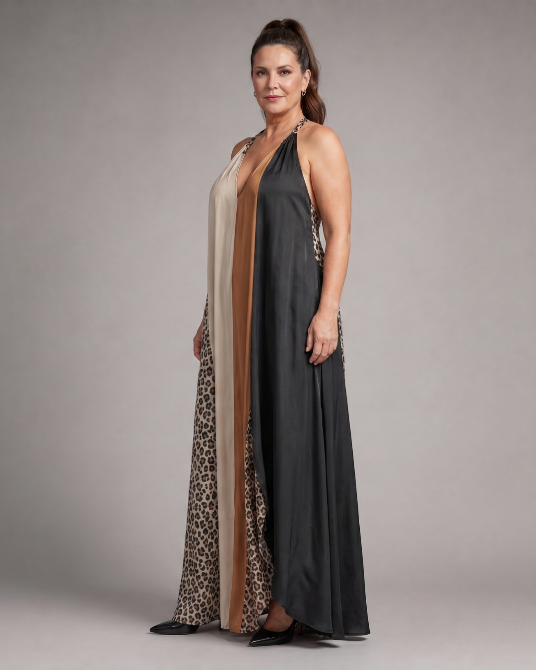 Zephielle | Color-Blocked Animal Print Halter Maxi Dress