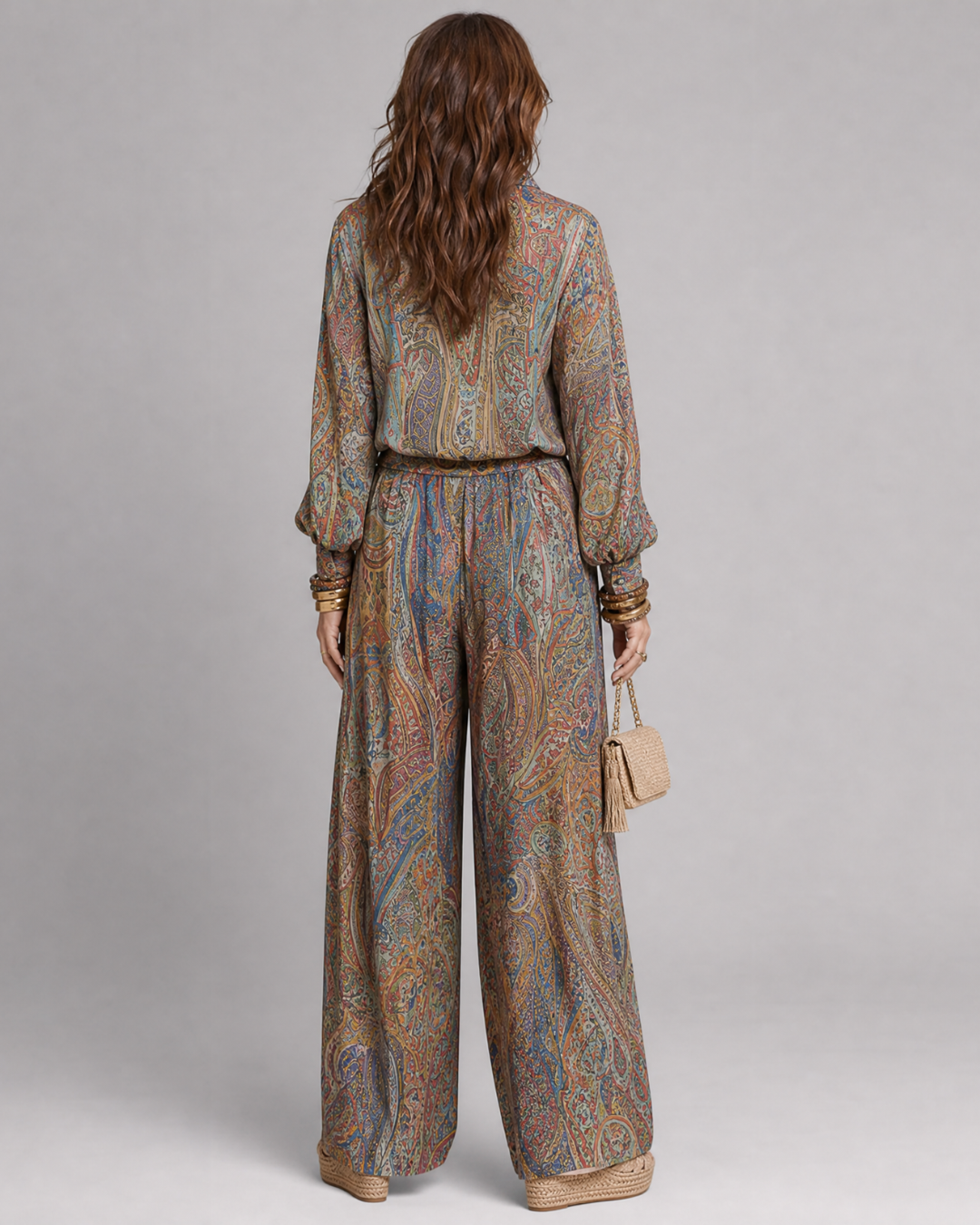 Virezza | Elegant Paisley Print Blouse and Wide-Leg Trouser Ensemble