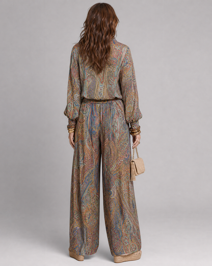 Virezza | Elegant Paisley Print Blouse and Wide-Leg Trouser Ensemble