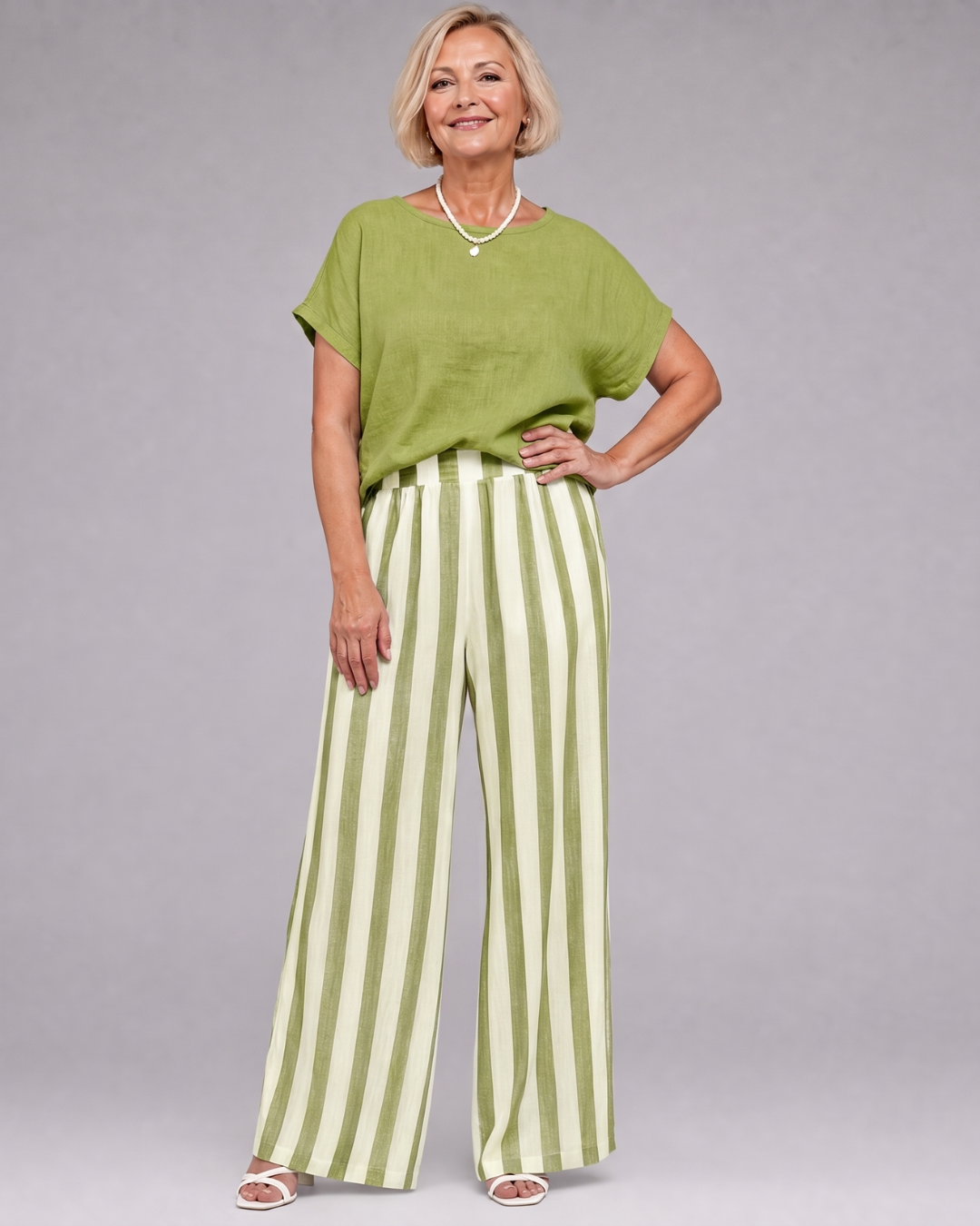 Miolna | Linen Blend Top with Striped Wide-Leg Trousers Set