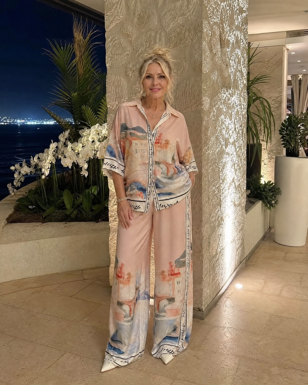 Akela | Scenic Print Button-Up Shirt and Wide-Leg Trouser Set