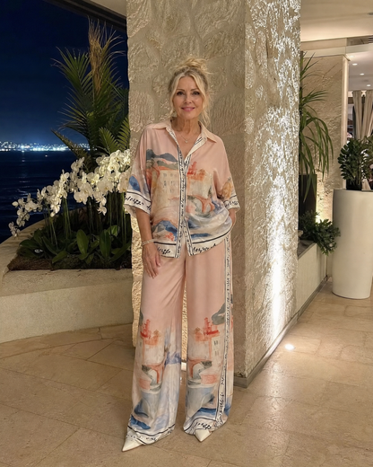 Akela | Scenic Print Button-Up Shirt and Wide-Leg Trouser Set
