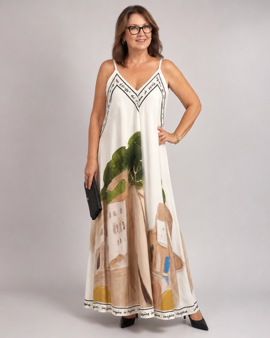 Lira | Flowing Midi Dress with Scenic Print and Sleeveless Design