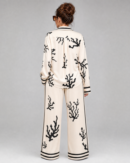 Omeni | Abstract Coastal Print Top and Wide-Leg Trousers Ensemble