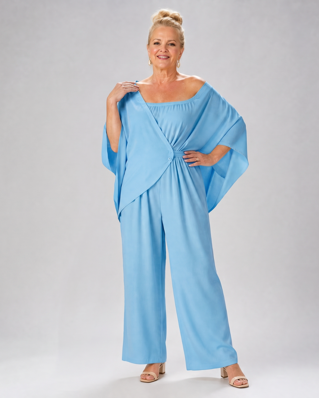 Vemrina | Off-Shoulder Draped Top & Wide-Leg Trousers Ensemble