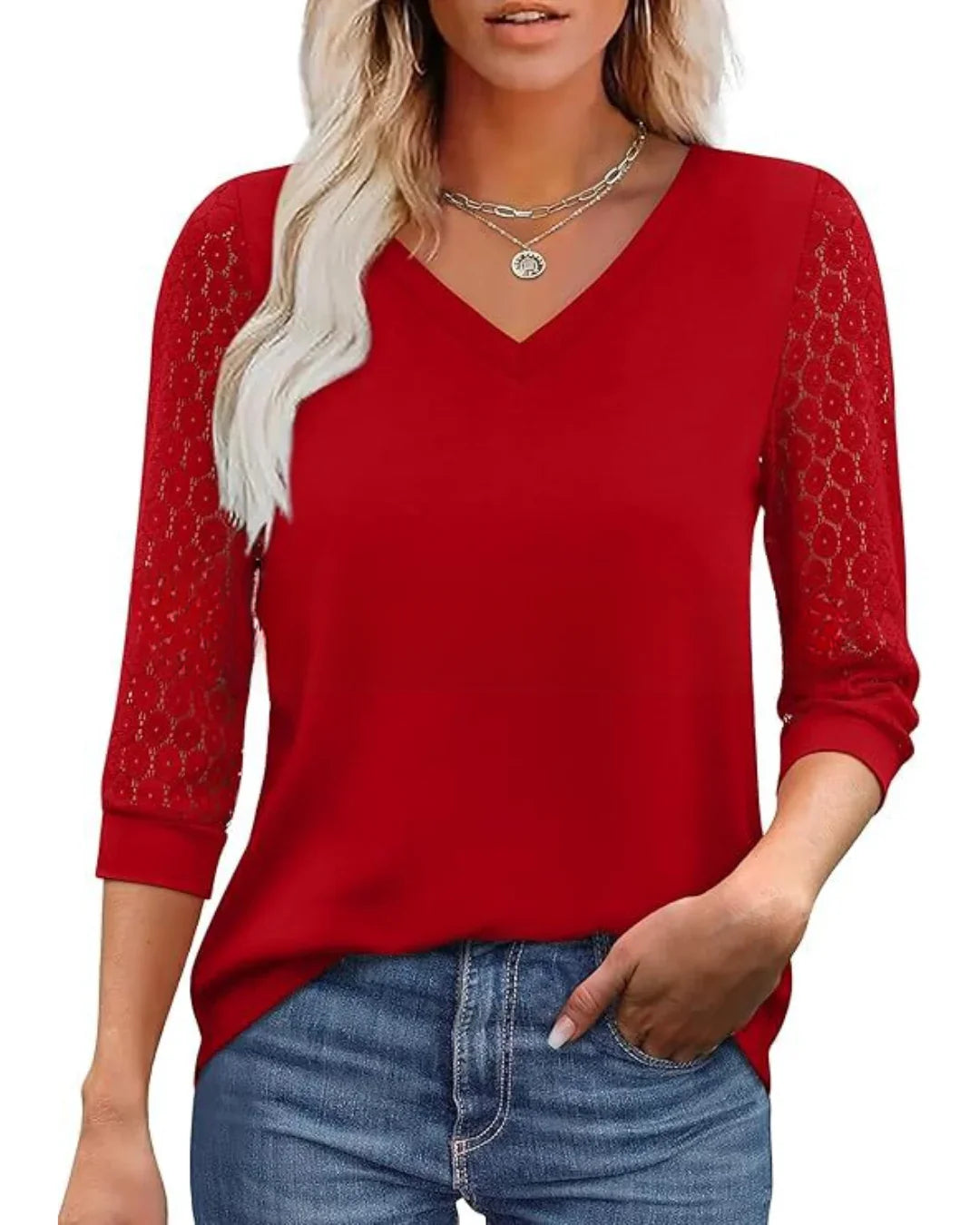 Doreen - Lace-Sleeve Casual V-Neck Blouse