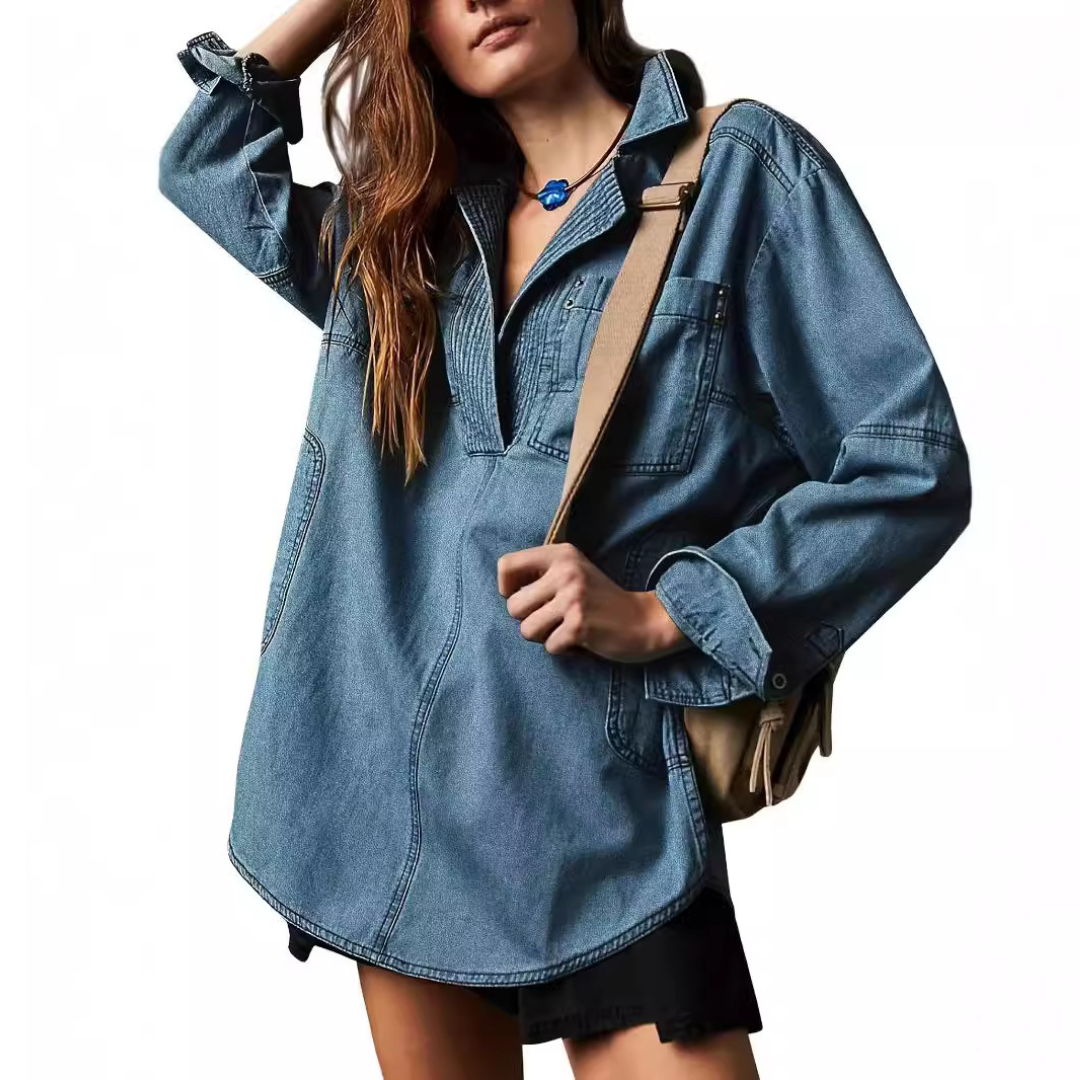 Emilia | Stylish V-Neck Denim Tunic Blouse