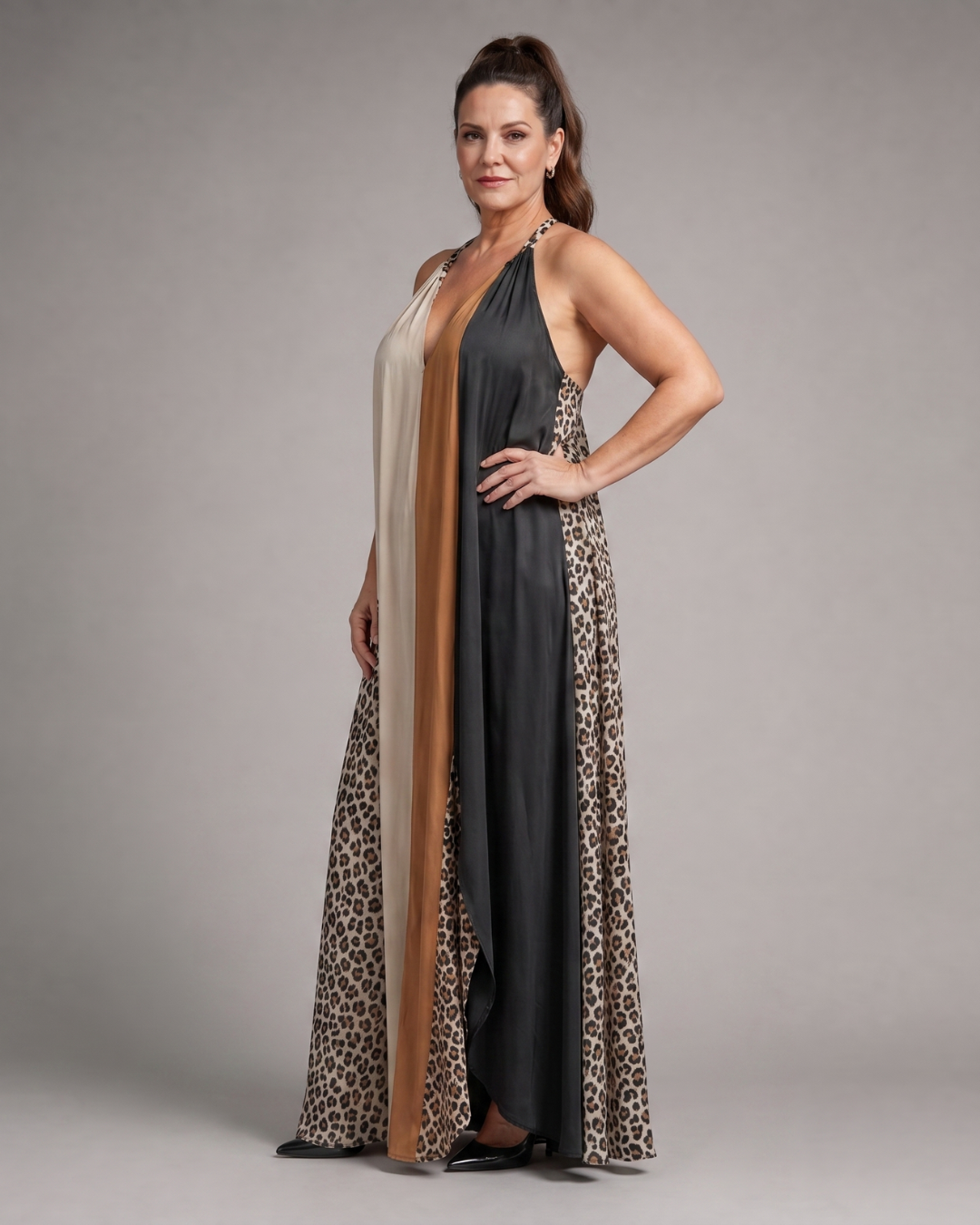 Zephielle | Color-Blocked Animal Print Halter Maxi Dress