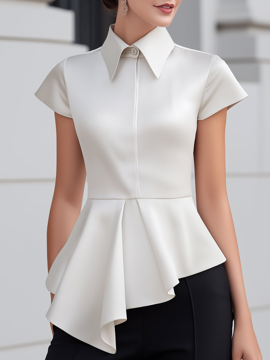 Short-Sleeve Satin Structured Peplum Blouse