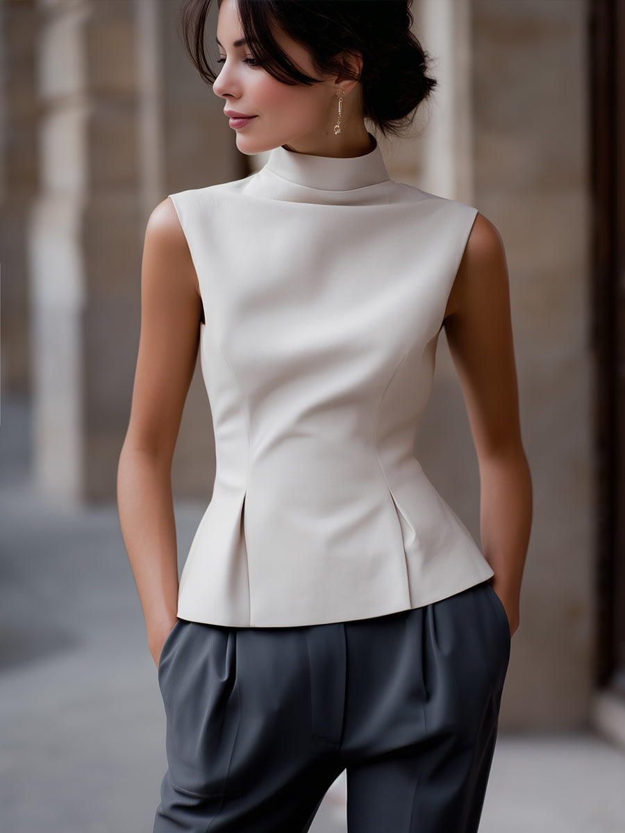 Sleeveless High-Neck Flared Hem Tailored Blouse